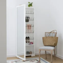 Banak Asue Chaussures étroit en bois laqué blanc avec miroir