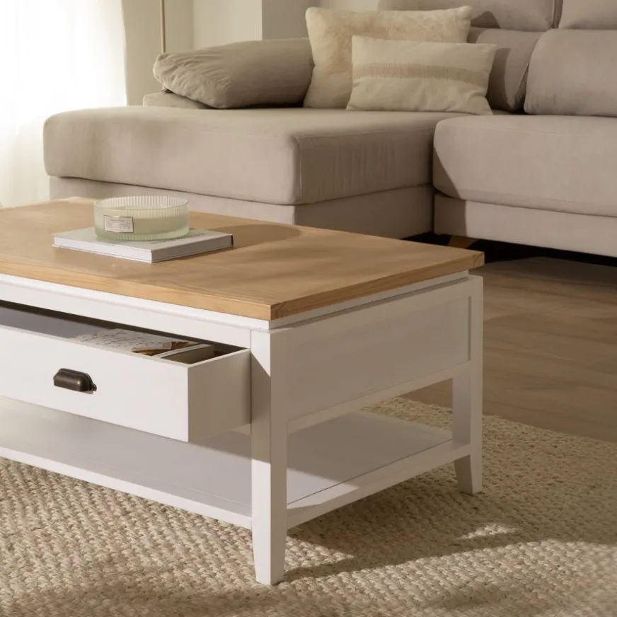 Banak Avelin Table basse relevable en bois blanc et naturel