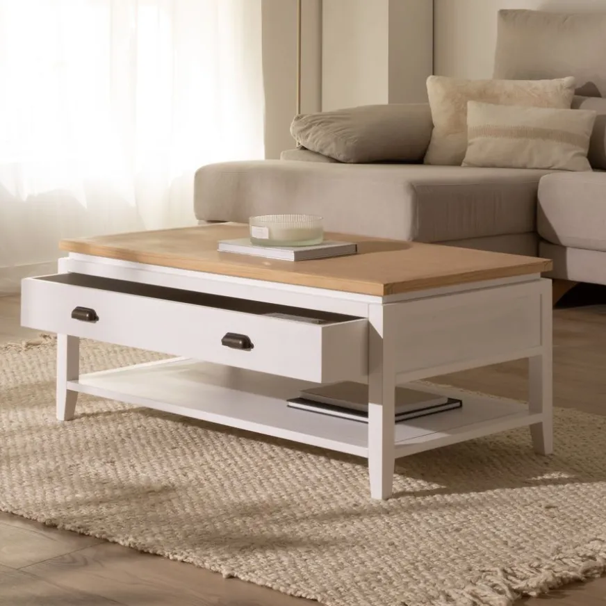 Banak Avelin Table basse relevable en bois blanc et naturel