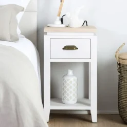 Banak Avelin Table de nuit étroite blanche et naturelle