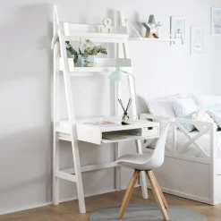 Banak Bassay Bureau en bois laqué blanc avec tiroirs et étagère