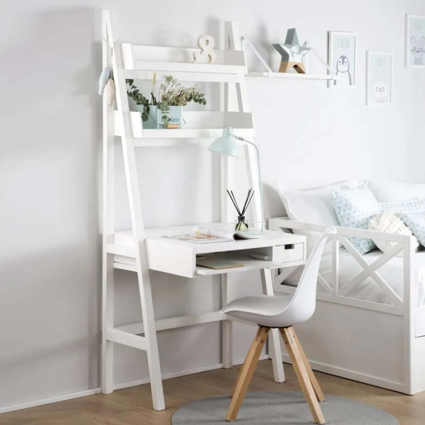 Banak Bassay Bureau en bois laqué blanc avec tiroirs et étagère