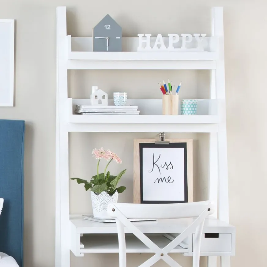 Banak Bassay Bureau en bois laqué blanc avec tiroirs et étagère