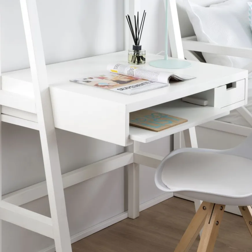 Banak Bassay Bureau en bois laqué blanc avec tiroirs et étagère