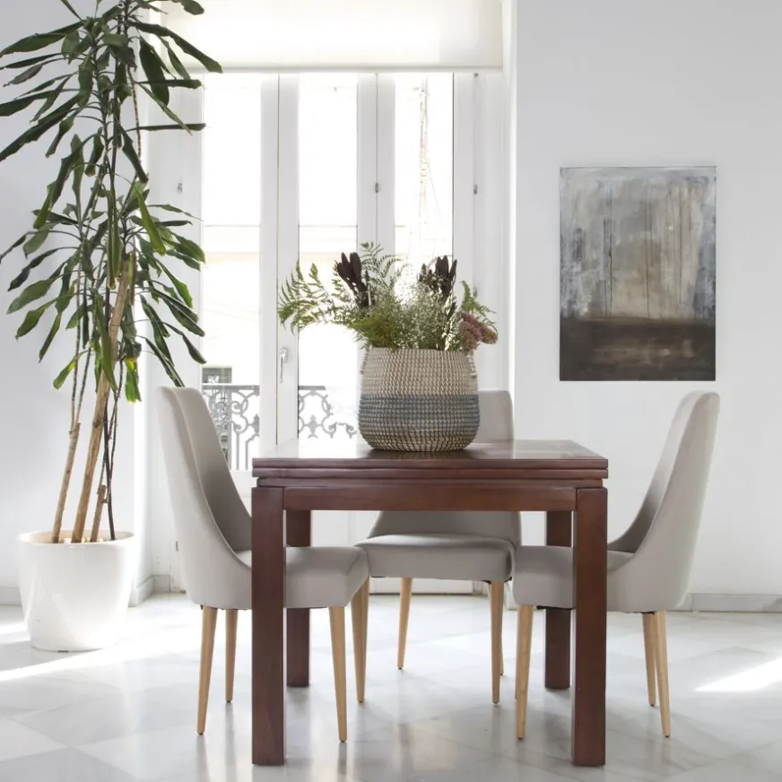 Banak Blay Table à manger carrée extensible 90/180 en bois massif de couleur teck