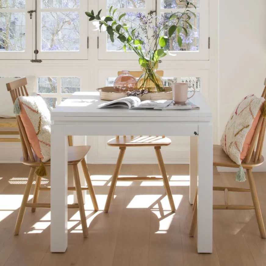 Banak Blay Table à manger carrée extensible 90/180 en bois laqué blanc