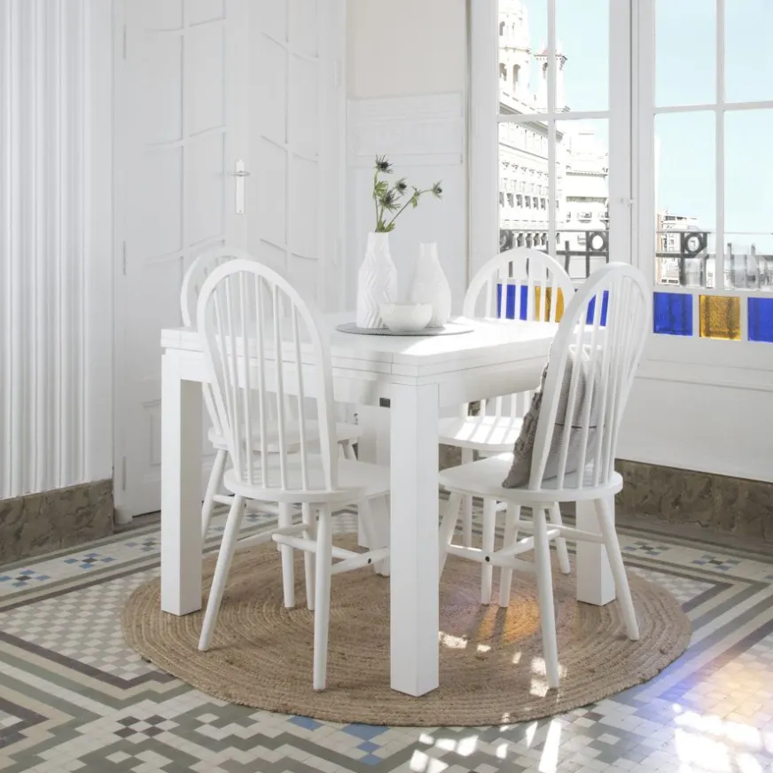 Banak Blay Table à manger carrée extensible 90/180 en bois laqué blanc