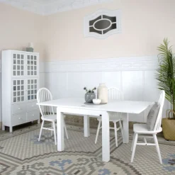 Banak Blay Table à manger carrée extensible 90/180 en bois laqué blanc