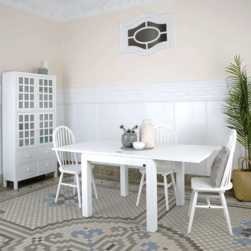 Banak Blay Table à manger carrée extensible 90/180 en bois laqué blanc