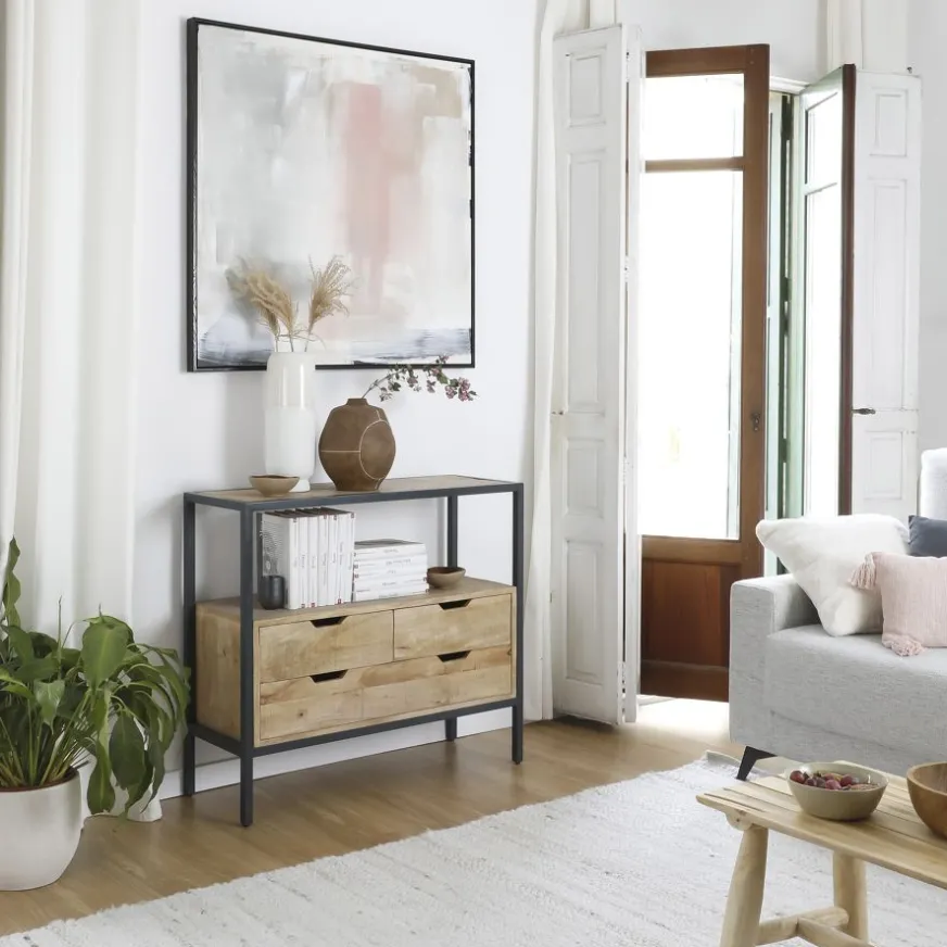 Banak Boston Meuble d'entrée en bois massif de manguier et métal