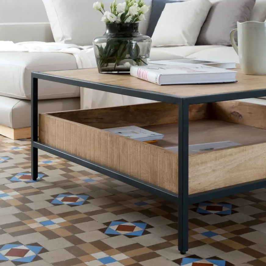 Banak Boston Table basse carrée en bois massif de manguier et métal