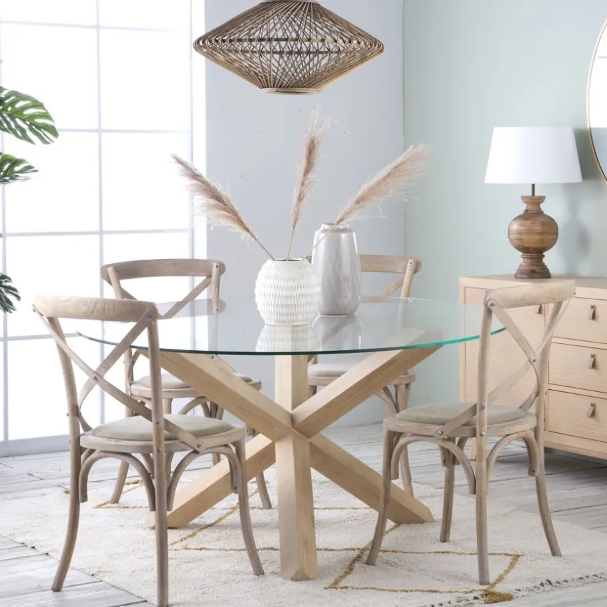 Banak Carot Mesa de comedor de madera maciza natural y cristal redondo de 120 cm