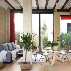 Banak Carot Mesa de comedor de madera maciza natural y cristal redondo de 120 cm