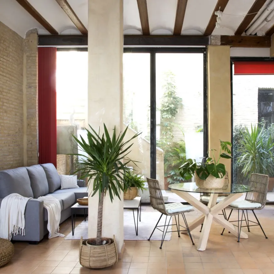 Banak Carot Mesa de comedor de madera maciza natural y cristal redondo de 120 cm