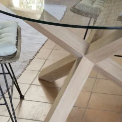 Banak Carot Mesa de comedor de madera maciza natural y cristal redondo de 120 cm