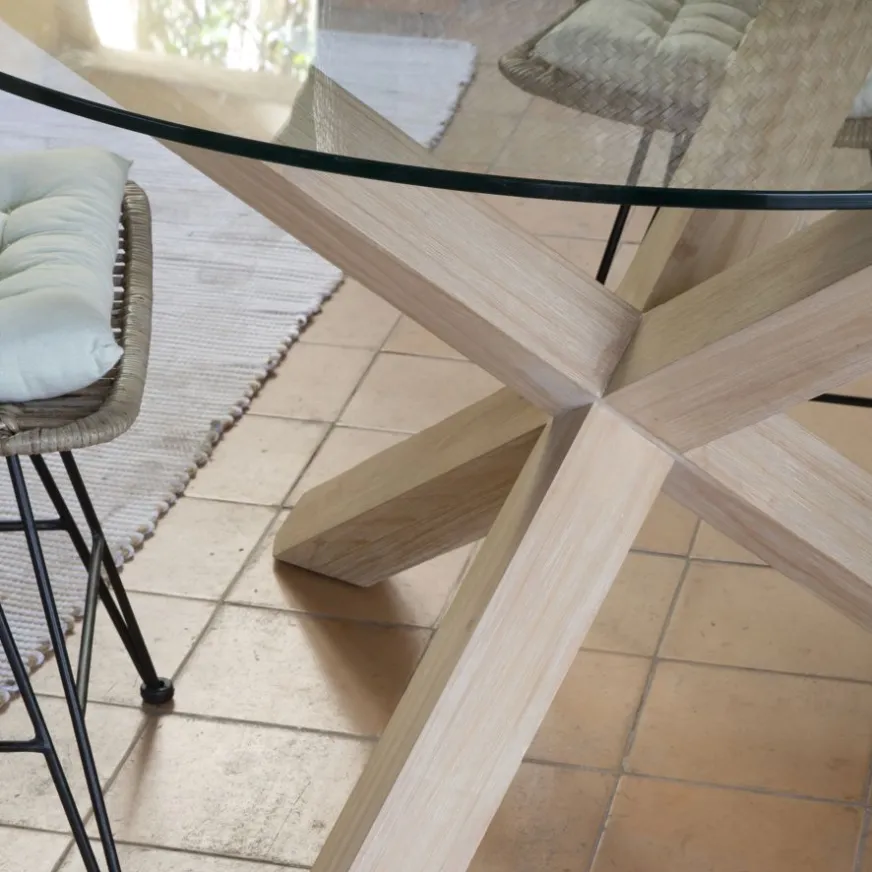 Banak Carot Mesa de comedor de madera maciza natural y cristal redondo de 120 cm