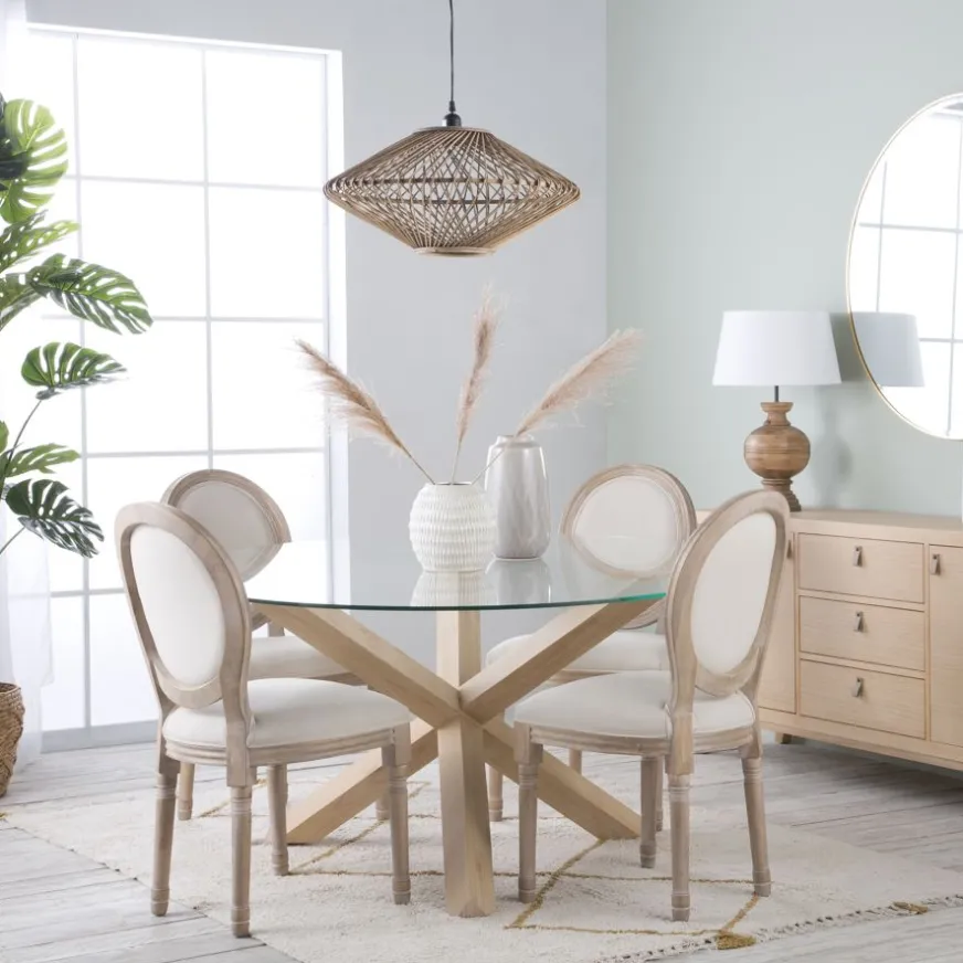 Banak Carot Mesa de comedor de madera maciza natural y cristal redondo de 140 cm