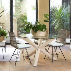 Banak Carot Mesa de comedor de madera maciza natural y cristal redondo de 140 cm