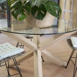 Banak Carot Mesa de comedor de madera maciza natural y cristal redondo de 140 cm