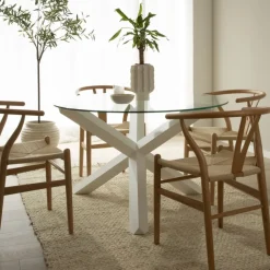 Banak Carot Table à manger en bois massif laqué blanc et verre rond de 120 cm