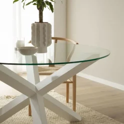 Banak Carot Table à manger en bois massif laqué blanc et verre rond de 120 cm