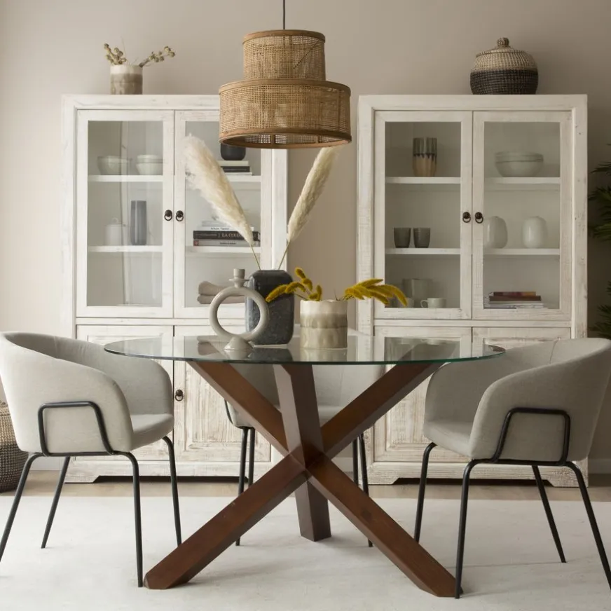 Banak Carot Table à manger en bois massif teck et verre rond de 120 cm