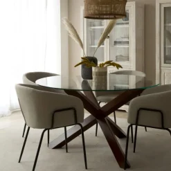 Banak Carot Table à manger en bois massif teck et verre rond de 120 cm