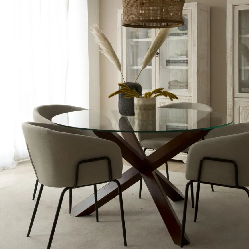 Banak Carot Table à manger en bois massif teck et verre rond de 120 cm