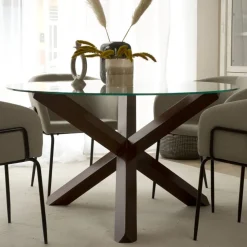 Banak Carot Table à manger en bois massif teck et verre rond de 120 cm