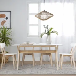 Banak Cyrus Mesa de comedor rectangular de madera color blanco y natural