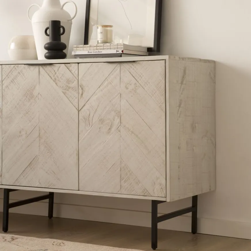 Banak Enzo Buffet en bois massif et métal couleur blanc wild