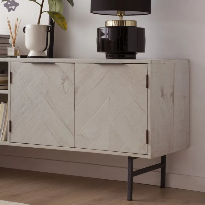 Banak Enzo Meuble tv en bois massif et métal couleur blanc wild