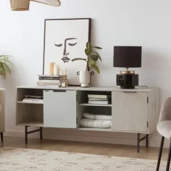 Banak Enzo Meuble tv en bois massif et métal couleur blanc wild