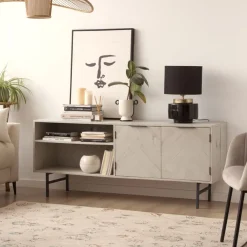 Banak Enzo Meuble tv en bois massif et métal couleur blanc wild