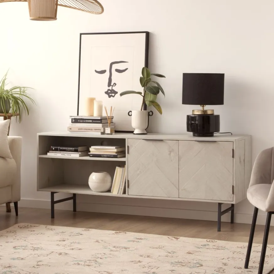 Banak Enzo Meuble tv en bois massif et métal couleur blanc wild