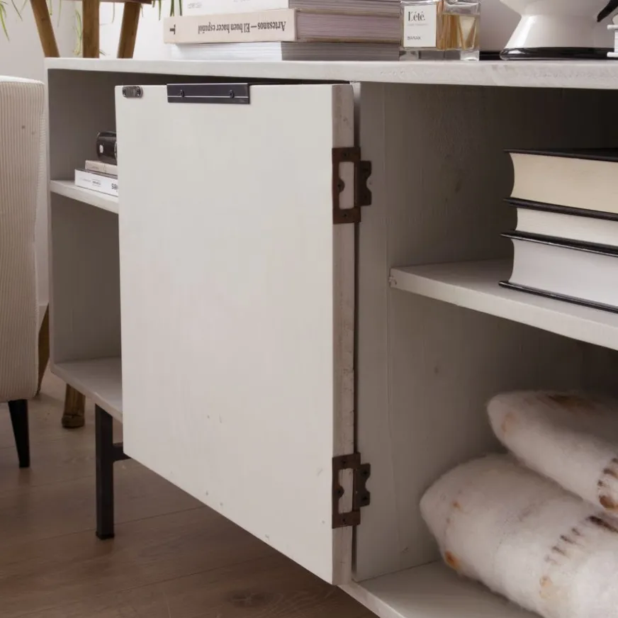 Banak Enzo Meuble tv en bois massif et métal couleur blanc wild