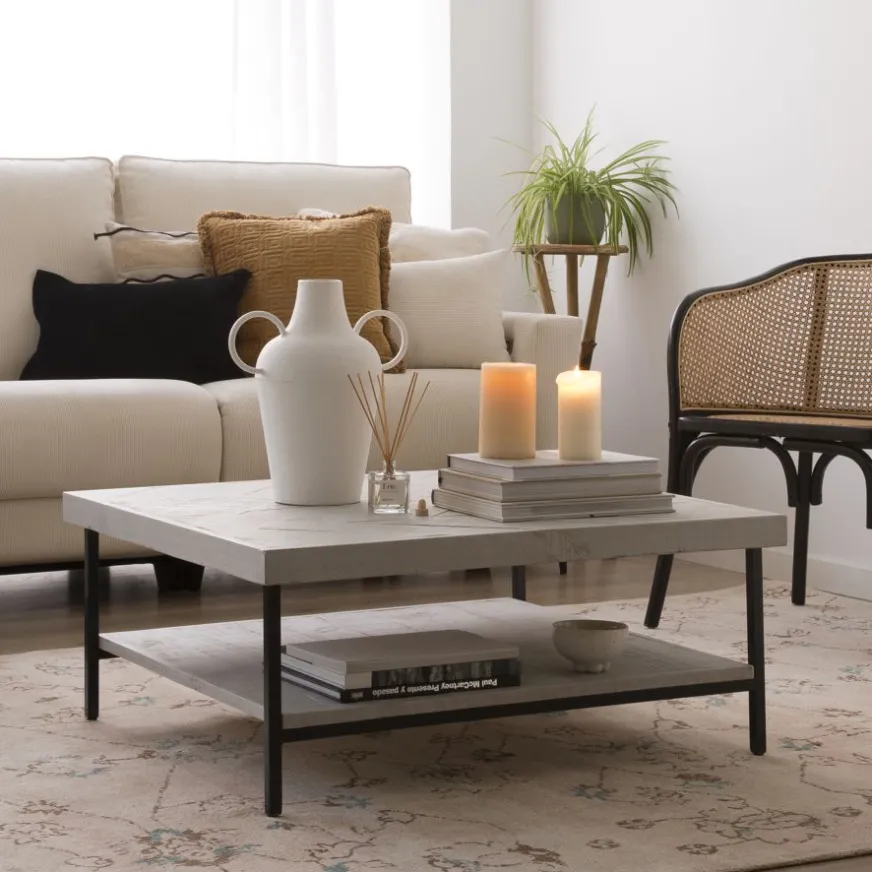 Banak Enzo Table basse en bois massif et métal couleur blanc wild