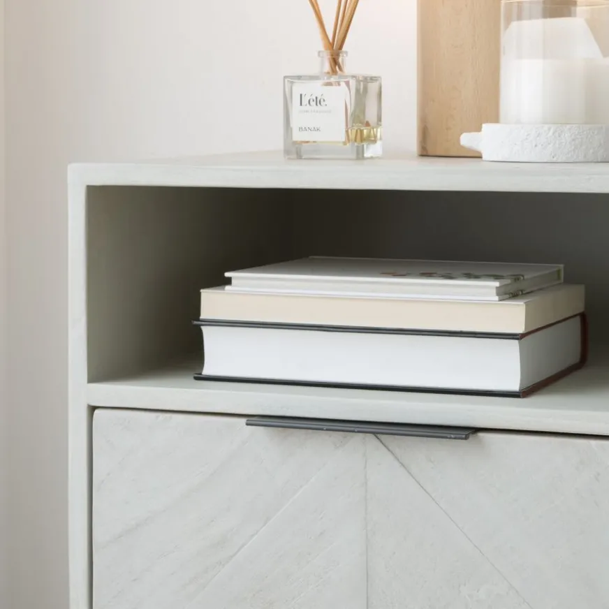 Banak Enzo Table de nuit en bois massif et métal couleur blanc wild