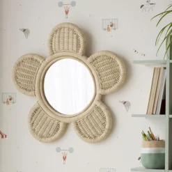 Enfant Banak Fleur Miroir mural rond en forme de fleur en rotin naturel