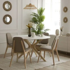 Banak Gales Mesa de comedor redonda de madera color blanco y natural
