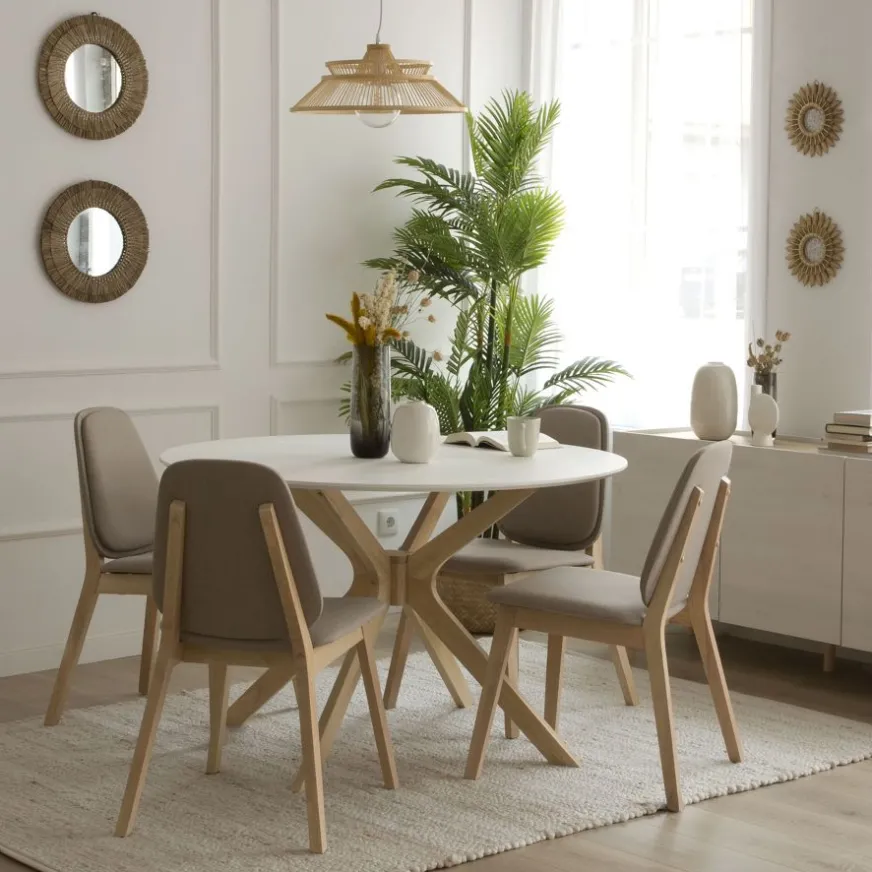 Banak Gales Mesa de comedor redonda de madera color blanco y natural
