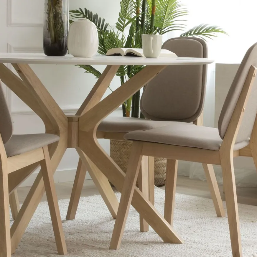 Banak Gales Mesa de comedor redonda de madera color blanco y natural