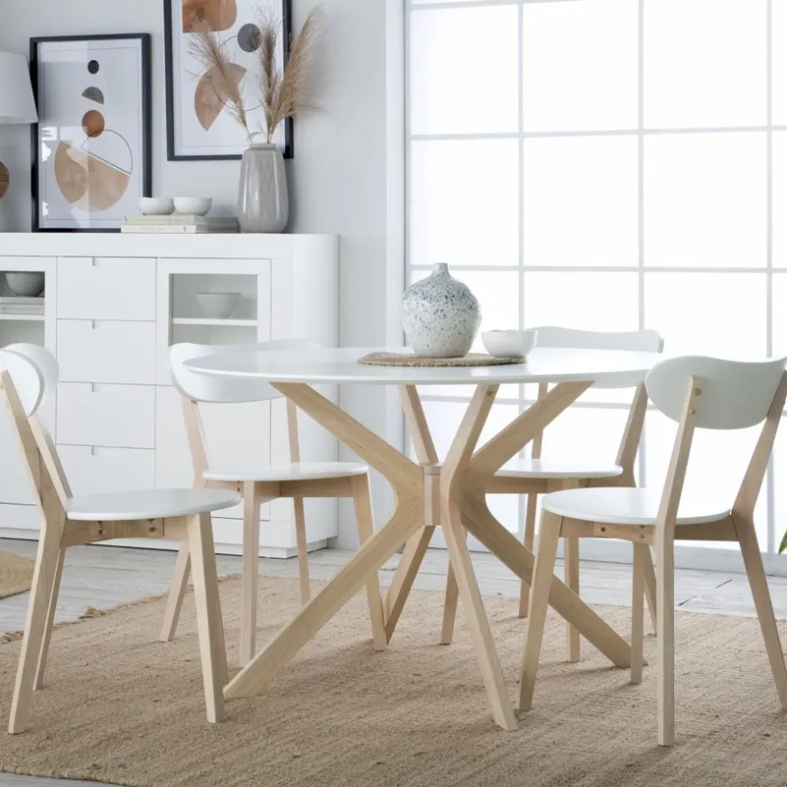Banak Gales Mesa de comedor redonda de madera color blanco y natural