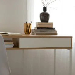 Banak Gauguin Bureau en ch&ecirc;ne light et métal blanc avec tiroir