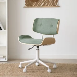 Banak Haru Chaise de bureau rembourrée en vert avec bois et roulettes