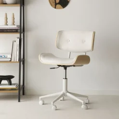 Banak Haru Chaise de bureau rembourrée beige avec bois et roulettes