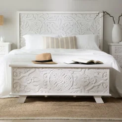 Banak Indira Coffre de rangement en bois massif blanc sculpté de manguier