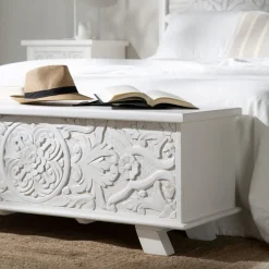 Banak Indira Coffre de rangement en bois massif blanc sculpté de manguier