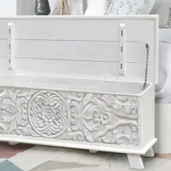 Banak Indira Coffre de rangement en bois massif blanc sculpté de manguier
