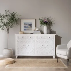 Banak Indira Meuble buffet en bois massif blanc sculpté de manguier